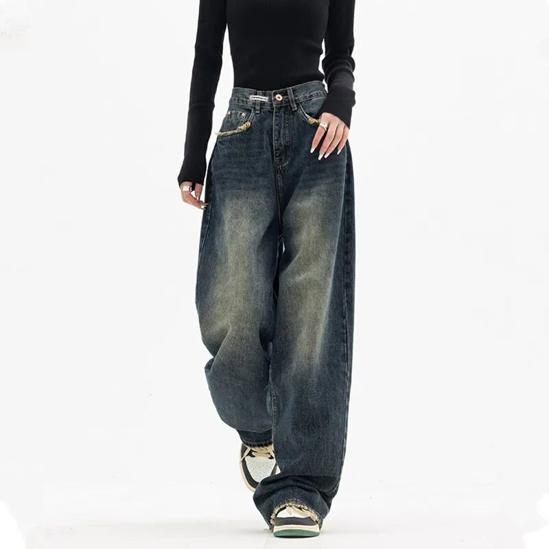 2023 Cyber Ropa Y2K Old Vintage Blue Baggy Jeans Női nadrágok Olcsó ár ruha Ruhák Egyenes széles láb Női farmer nadrág