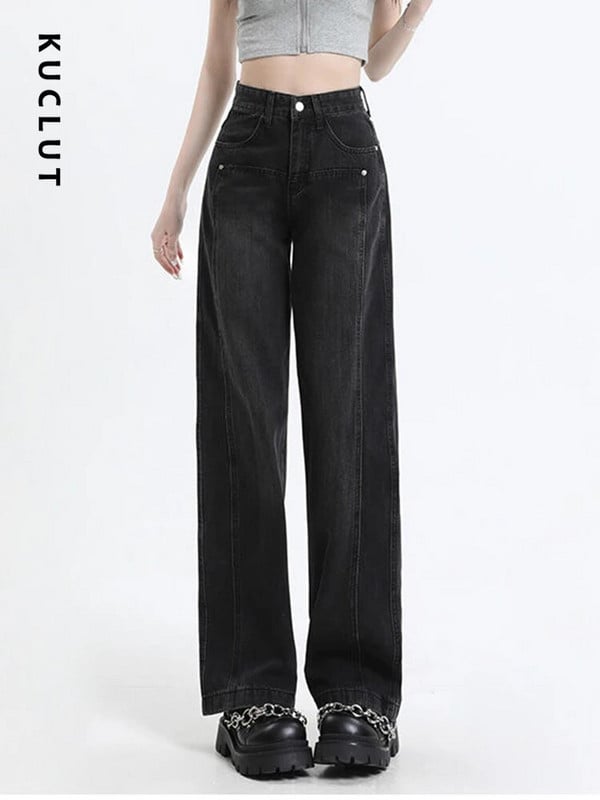 KUCLUT Jeans Ženske traper hlače Ležerne traperice Vintage Basic crne hlače Ravne traperice Korejske modne traperice visokog struka Novo