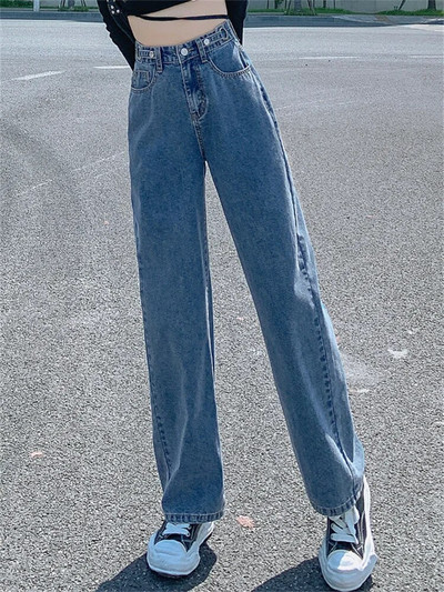 Syiwidii Vintage Streetwear Traperice s visokim strukom Ženske traper hlače s ravnim širokim nogavicama s podešavanjem gumba XS-XXL