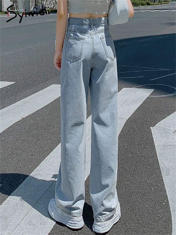 Syiwidii Vintage Streetwear Traperice s visokim strukom Ženske traper hlače s ravnim širokim nogavicama s podešavanjem gumba XS-XXL