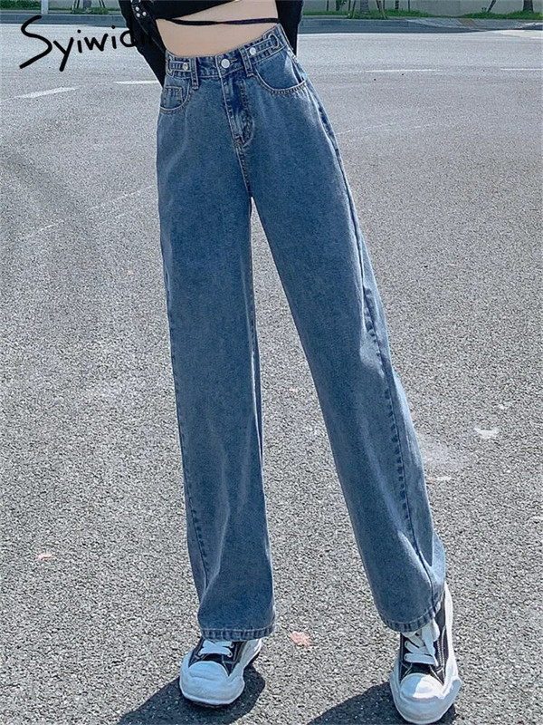 Syiwidii Vintage Streetwear Traperice s visokim strukom Ženske traper hlače s ravnim širokim nogavicama s podešavanjem gumba XS-XXL