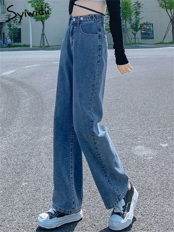 Syiwidii Vintage Streetwear Traperice s visokim strukom Ženske traper hlače s ravnim širokim nogavicama s podešavanjem gumba XS-XXL