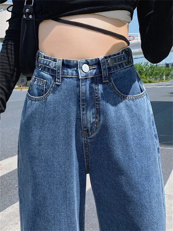 Syiwidii Vintage Streetwear Traperice s visokim strukom Ženske traper hlače s ravnim širokim nogavicama s podešavanjem gumba XS-XXL