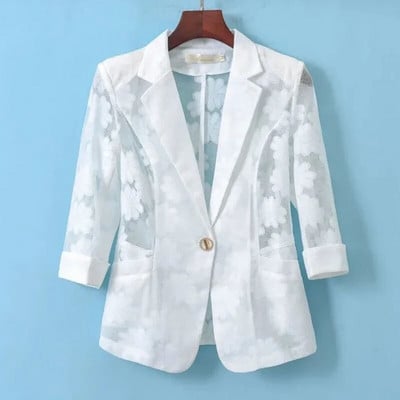 Women Blazer Jacket Spring Summer New Thin Cardigan Sun Protection Clothing Hollow Lace Three-quarter Sleeve Suit Top Ladies