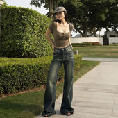 Ρετρό μπλε πλυμένο τζιν με φαρδύ πόδι Γυναικεία υπερμεγέθη μόδα του δρόμου Χαλαρά casual ταλαιπωρημένα ίσια ψηλόμεσα τζιν