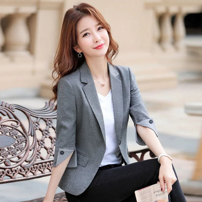 Women Blazer New Korean Spring Summer Fashion Three-Quarter Sleeve Office Ladies Suit Casual Short Blazer Coat Female Outer