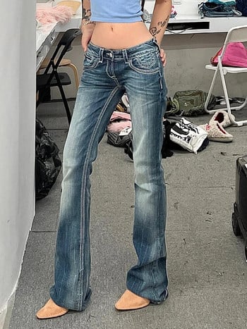 Дамски корейски дънки Chic Denim Streetwear Панталони Универсални Hot Y2k Office Lady Ins Wash Боядисани с вратовръзка Ниска талия Стегнато по тялото Ежедневни