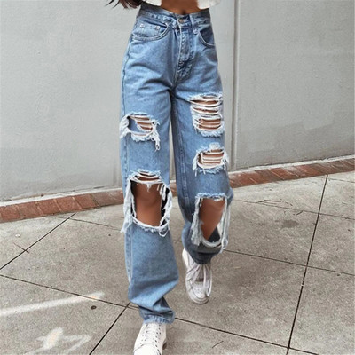 Pantaloni de denim cu găuri rupte de modă, noi, sexy, blugi cu talie înaltă, spălați, pantaloni largi, cu picioare largi, pentru femei, îmbrăcăminte de stradă casual