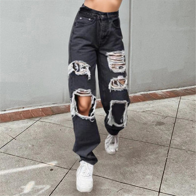 Pantaloni de denim cu găuri rupte de modă, noi, sexy, blugi cu talie înaltă, spălați, pantaloni largi, cu picioare largi, pentru femei, îmbrăcăminte de stradă casual