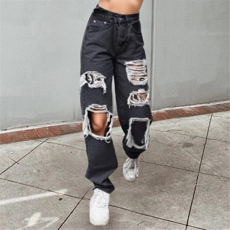 Pantaloni de denim cu găuri rupte de modă, noi, sexy, blugi cu talie înaltă, spălați, pantaloni largi, cu picioare largi, pentru femei, îmbrăcăminte de stradă casual