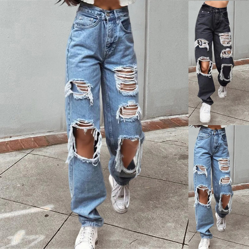 Pantaloni de denim cu găuri rupte de modă, noi, sexy, blugi cu talie înaltă, spălați, pantaloni largi, cu picioare largi, pentru femei, îmbrăcăminte de stradă casual