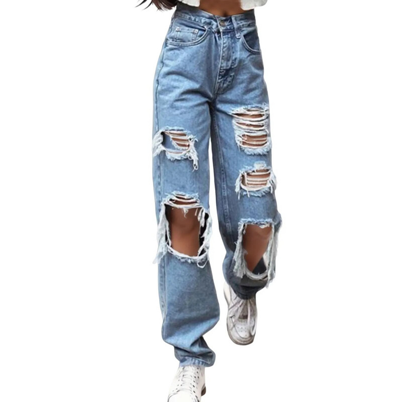 Pantaloni de denim cu găuri rupte de modă, noi, sexy, blugi cu talie înaltă, spălați, pantaloni largi, cu picioare largi, pentru femei, îmbrăcăminte de stradă casual