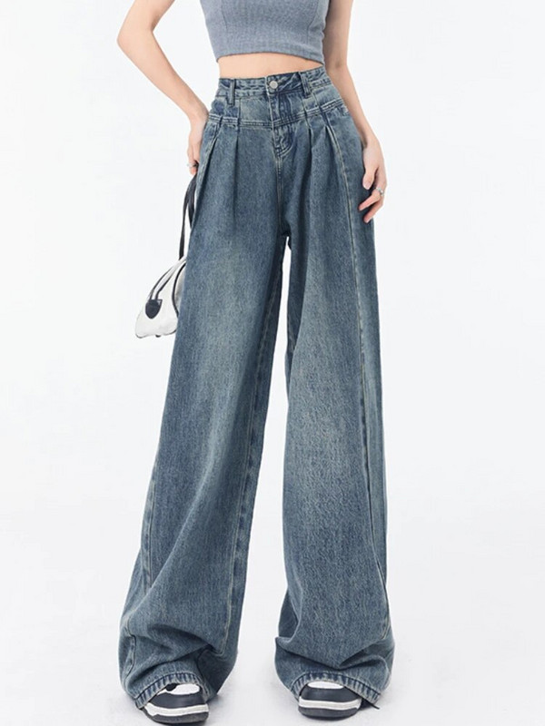 Retro traperice Ženske nabore Izbijeljene vrećaste Proljeće Ljeto Široke nogavice Europski stil Sveobuhvatne mladenačke uredske dame Basic pune dužine