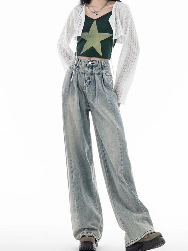 Retro traperice Ženske nabore Izbijeljene vrećaste Proljeće Ljeto Široke nogavice Europski stil Sveobuhvatne mladenačke uredske dame Basic pune dužine