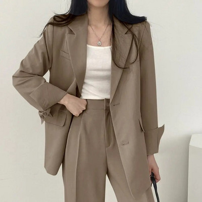 Women Spring Autumn Suit Coat Lapel Long Sleeve Women Blazer Flap Pockets Solid Color Loose Fit Casual Lady Blazer Workwear