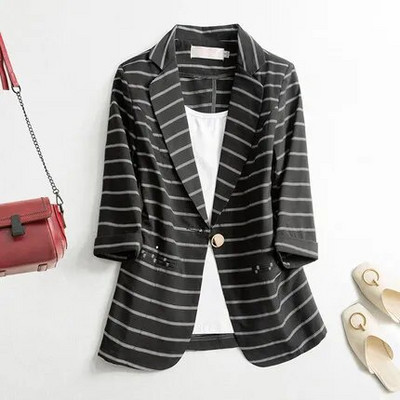 Őszi kockás dzseki blézer vékony, hét ujjú irodai női alkalmi blézerek munkaruha vékony rövid felsők női egygombos kabát
