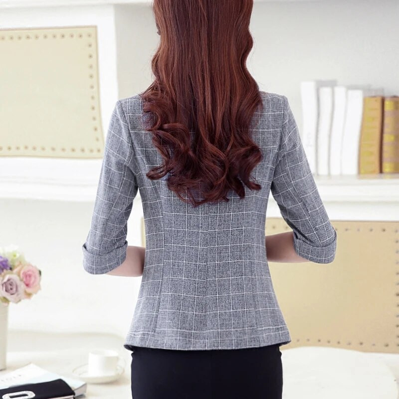 Őszi kockás dzseki blézer vékony, hét ujjú irodai női alkalmi blézerek munkaruha vékony rövid felsők női egygombos kabát