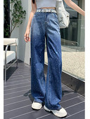 Aoaiiys Blue Jeans Ženske traper hlače Y2k Rhinestone Gradient Modne traperice visokog struka Široke ulične hlače Ravne mop hlače