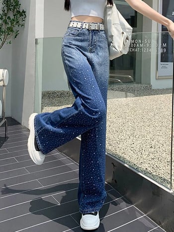 Aoaiiys Blue Jeans Дамски дънкови панталони Y2k Rhinestone Gradient Модни дънки с висока талия Широки крачоли Streetwear Прави моп панталони