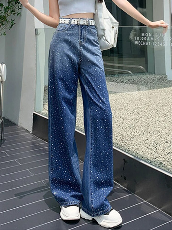 Aoaiiys Blue Jeans Дамски дънкови панталони Y2k Rhinestone Gradient Модни дънки с висока талия Широки крачоли Streetwear Прави моп панталони