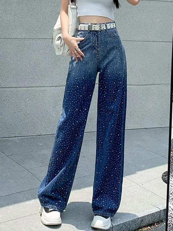Aoaiiys Blue Jeans Ženske traper hlače Y2k Rhinestone Gradient Modne traperice visokog struka Široke ulične hlače Ravne mop hlače