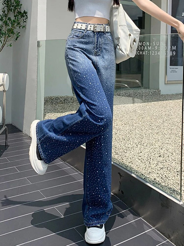 Aoaiiys Blue Jeans Ženske traper hlače Y2k Rhinestone Gradient Modne traperice visokog struka Široke ulične hlače Ravne mop hlače
