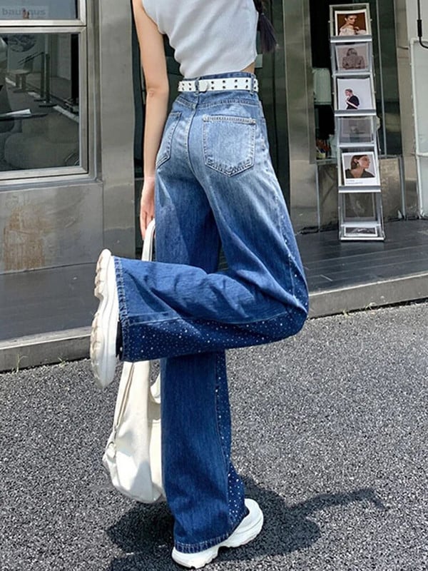 Aoaiiys Blue Jeans Ženske traper hlače Y2k Rhinestone Gradient Modne traperice visokog struka Široke ulične hlače Ravne mop hlače