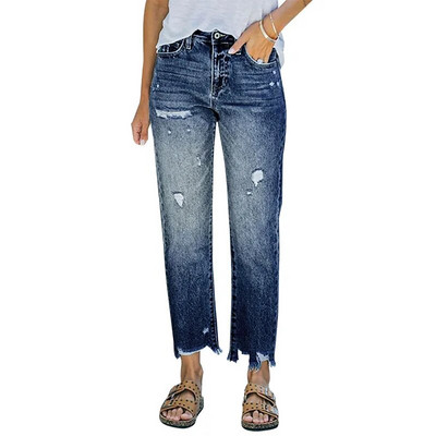 Ženske traperice Ravne hlače Rupe za pranje Široki kroj Traper džepovi s patentnim zatvaračem Ravne hlače do gležnja Ulična odjeća