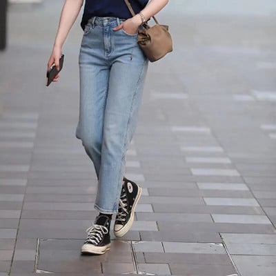 Amerikietiški retro mėlyni džinsai moteriški vasariniai aukšto juosmens tiesūs gatvės drabužiai Y2k stiliaus drabužiai vaikinas džinsinės kelnės Nemokamas pristatymas