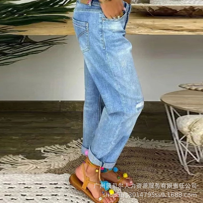 Poderane traperice niskog struka s gumbima, traper jesen 2023. Ležerne široke ženske duge hlače s rupama i džepovima, ravne uske hlače