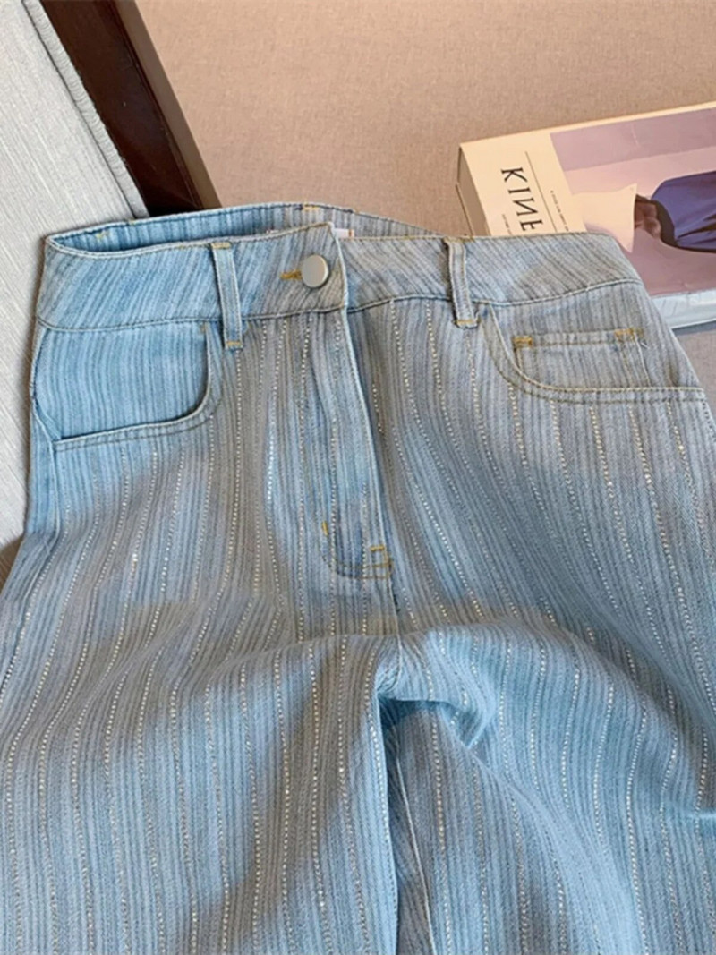 Ženske traperice ravnih nogavica Nove jesenske 2023. Ženske personalizirane hlače s dizajnom na pruge i šljokice Modne šarmantne hlače u ulici