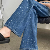 Pantaloni cu picioare largi, drepte, culoare uni, îmbrăcăminte de stradă, butoni, buzunar cu fermoar, temperament, modă, lejer, casual, diamante, îmbrăcăminte pentru femei