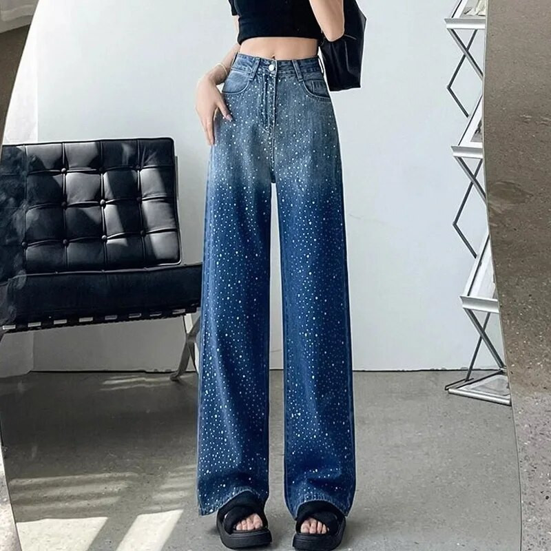 Pantaloni cu picioare largi, drepte, culoare uni, îmbrăcăminte de stradă, butoni, buzunar cu fermoar, temperament, modă, lejer, casual, diamante, îmbrăcăminte pentru femei