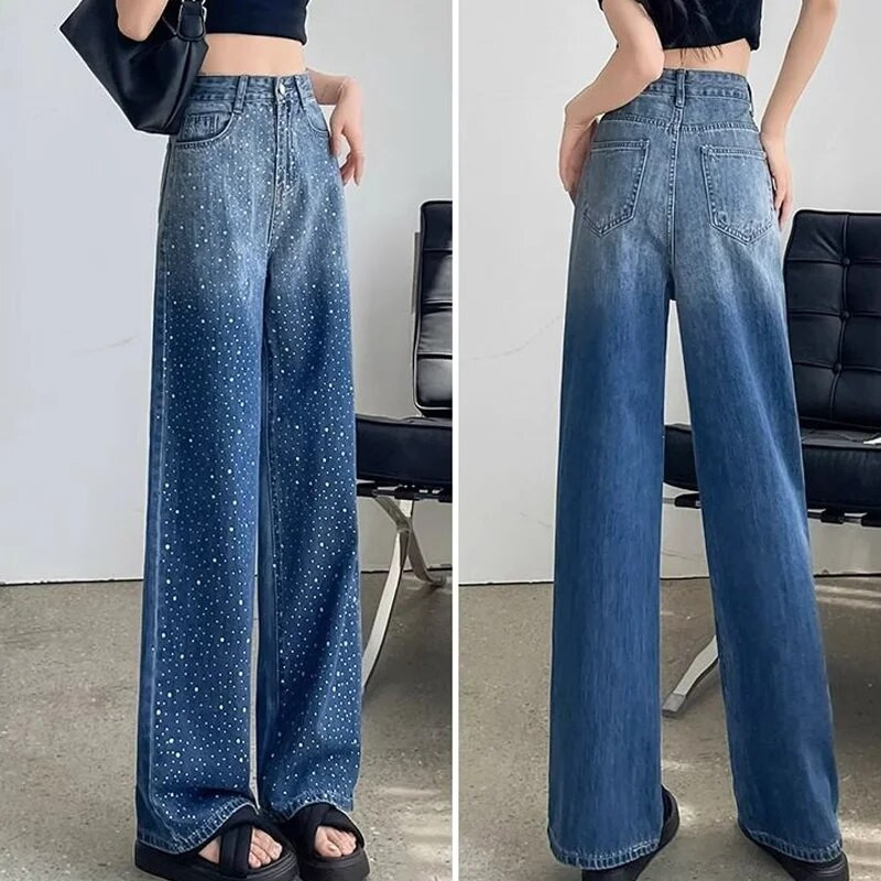 Pantaloni cu picioare largi, drepte, culoare uni, îmbrăcăminte de stradă, butoni, buzunar cu fermoar, temperament, modă, lejer, casual, diamante, îmbrăcăminte pentru femei