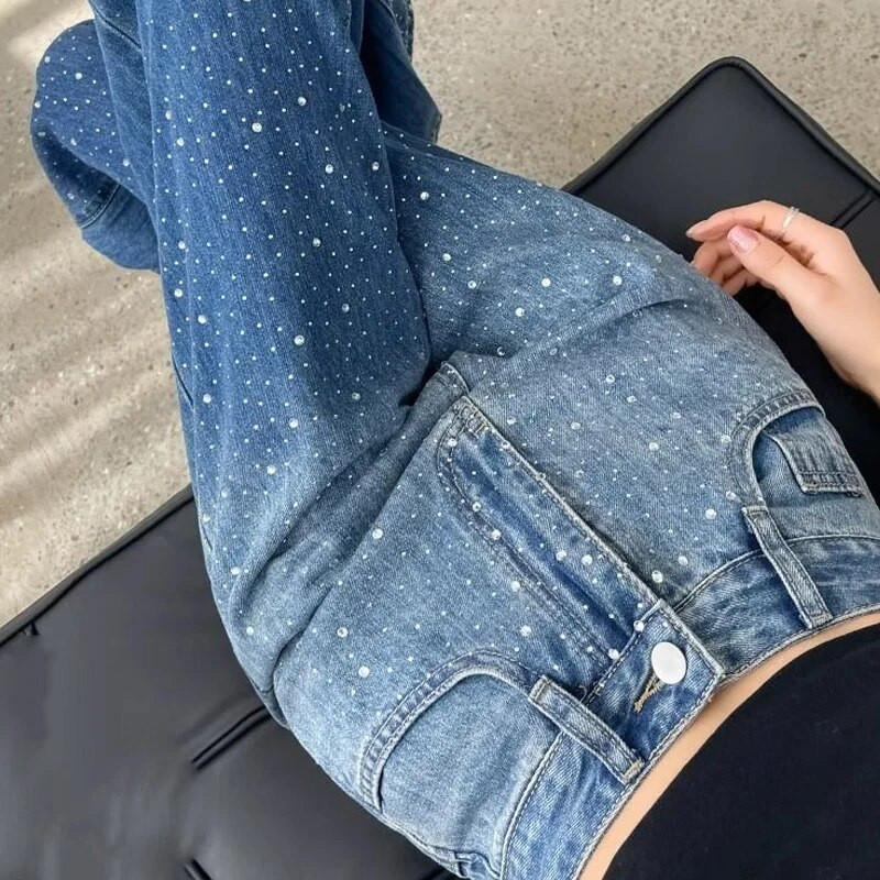 Pantaloni cu picioare largi, drepte, culoare uni, îmbrăcăminte de stradă, butoni, buzunar cu fermoar, temperament, modă, lejer, casual, diamante, îmbrăcăminte pentru femei