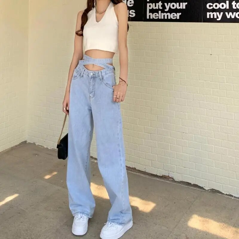 Ρετρό ψηλόμεσο χαλαρό καθημερινό παντελόνι με φαρδύ πόδι Φαρδιά αθλητικά τζιν τζόκινγκ Y2K Streetwear Γυναικεία Ρούχα Κορεατικού Στιλ 2023