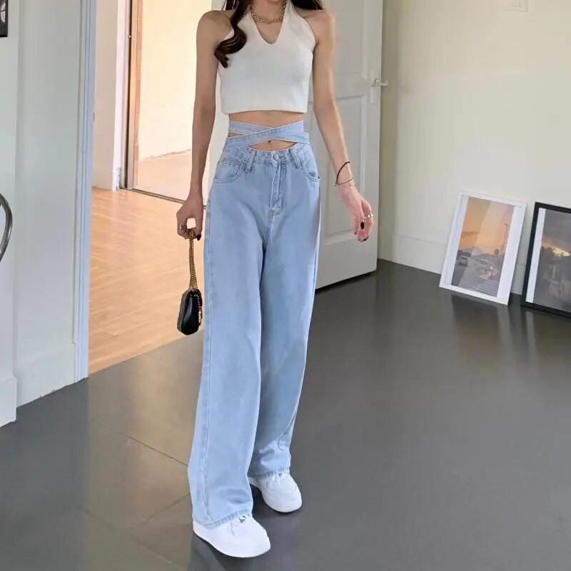 Ρετρό ψηλόμεσο χαλαρό καθημερινό παντελόνι με φαρδύ πόδι Φαρδιά αθλητικά τζιν τζόκινγκ Y2K Streetwear Γυναικεία Ρούχα Κορεατικού Στιλ 2023