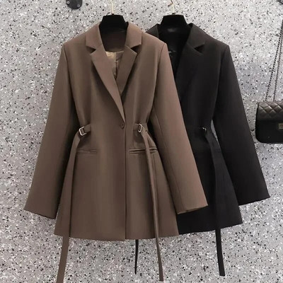 Divat női blézer új hajtóka, barna zseb, hosszú ujjú, bő kabát tavaszi őszre tervezett irodai öltönyök kabát női