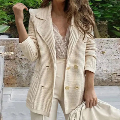 Women Suit Coat Formal Business Style Mid Length Double-breasted Solid Color Thick Warm Turn-down Collar Loose  Jacket