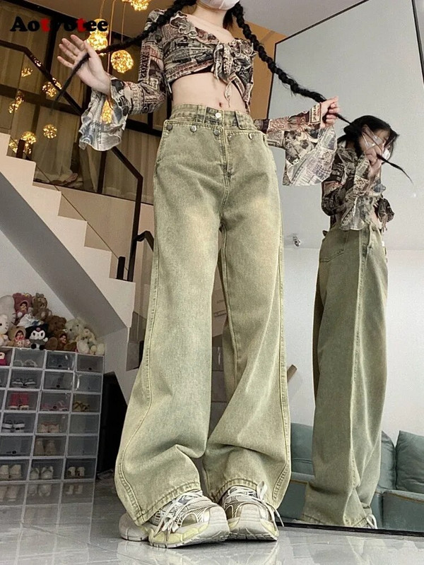 Aotvotee High Waisted Washed Do Old Jeans for Women 2023 New Vintage Streetwear Straight Jeans Casual Loose Wide Leg Denim Jeans