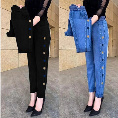 Blugi cu broderie inimă Toamnă Femei Iarna Pantaloni groși și calduri Moda Pantaloni elastici cu talie înaltă Mom Jeans Vintage Drepți Pantaloni din denim