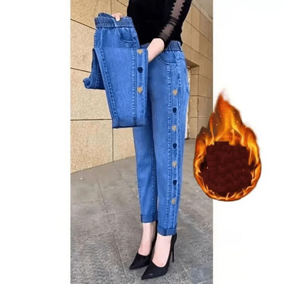Traperice s vezom u obliku srca Jesen Ženske zimske Debele tople hlače Modne mamine traperice s elastičnim visokim strukom Vintage ravne traper hlače