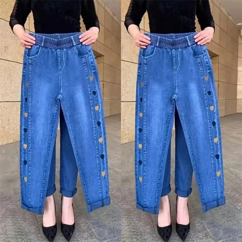 Traperice s vezom u obliku srca Jesen Ženske zimske Debele tople hlače Modne mamine traperice s elastičnim visokim strukom Vintage ravne traper hlače