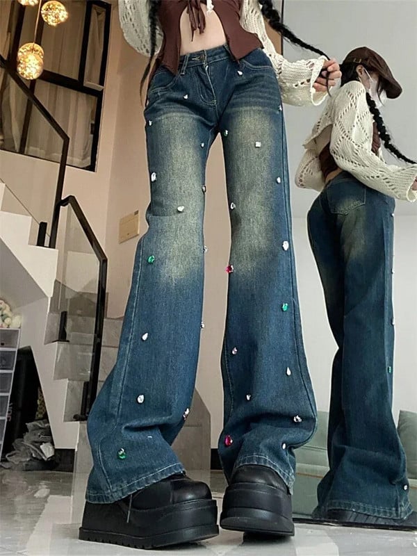 Džinsai Moteris korėjietiško stiliaus Harajuku Hot Mom Denim Y2K Grunge Vintažinis žemu liemeniu Kišenės siauros platėjančios kelnės Retro krovininės kelnės