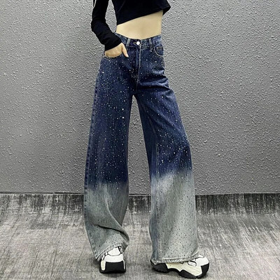 2023 Y2K Fashion Hot Diamond Black Baggy Jeans hlače za žene Odjeća visokog struka 2000-ih Ravne Harajuku ženske traper hlače