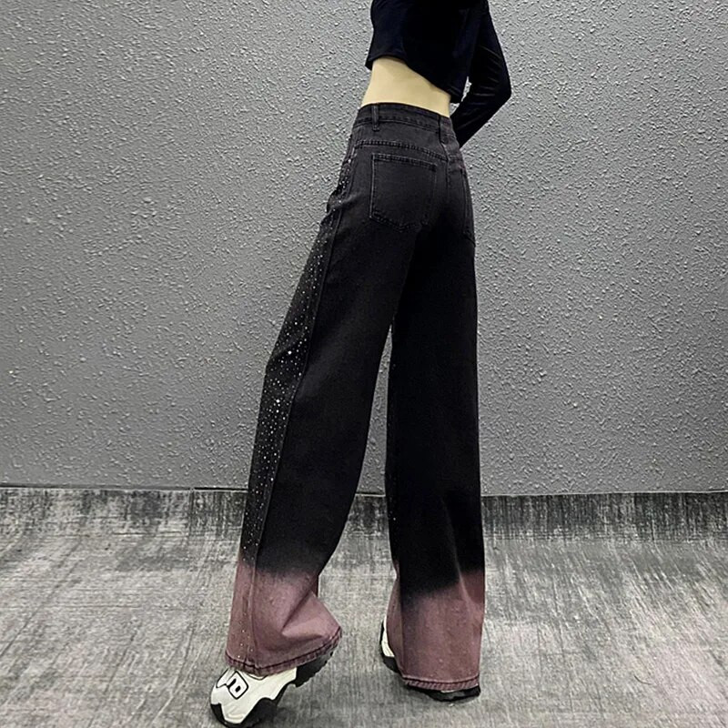 2023 Y2K Fashion Hot Diamond Black Baggy Jeans hlače za žene Odjeća visokog struka 2000-ih Ravne Harajuku ženske traper hlače