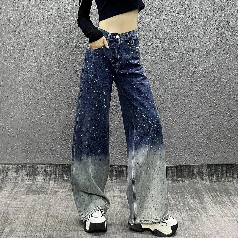 2023 Y2K Fashion Hot Diamond Black Baggy Jeans hlače za žene Odjeća visokog struka 2000-ih Ravne Harajuku ženske traper hlače