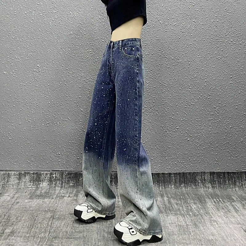 2023 Y2K Fashion Hot Diamond Black Baggy Jeans hlače za žene Odjeća visokog struka 2000-ih Ravne Harajuku ženske traper hlače