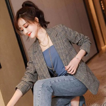 Ανοιξιάτικο φθινόπωρο καρό σακάκι γυναικείο σακάκι κορεατικού στυλ Office λεπτό μακρυμάνικο μπουφάν με τσέπη Casual Traf Ropa Mujer Blazer Women
