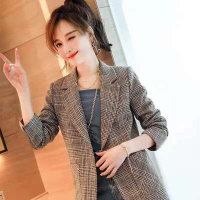 Spring Autumn Plaid Blazer Jacket Ladies Korean Style Office Slim Long Sleeve Pocket Jacket Casual Traf Ropa Mujer Blazer Women